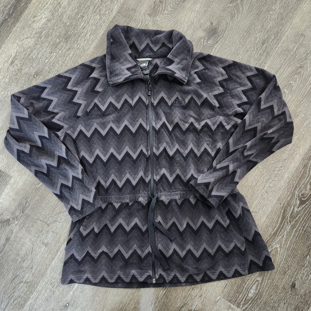 The North Face Womens XL Fleece Jacket Grey Black Zig Zag Chevron Full Zip Waist
